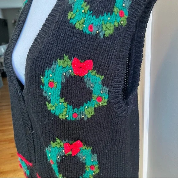 Vintage Christmas Sweater Vest Knit Holiday Wreaths Ugly Xmas Party Women’s L - Picture 4 of 10